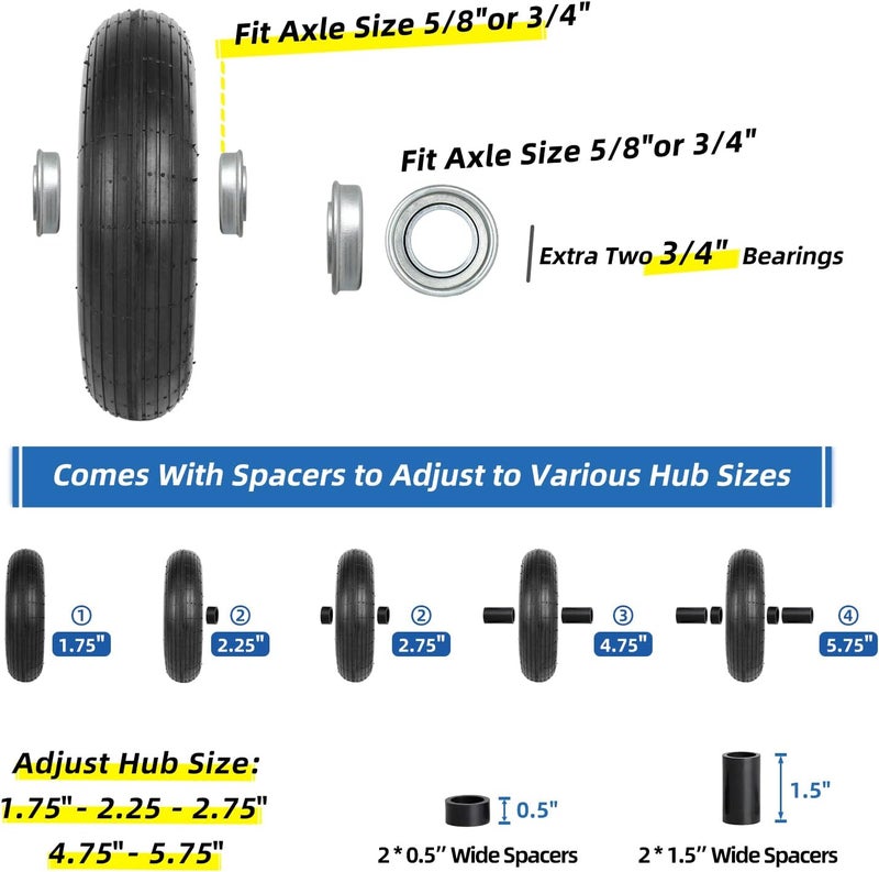GICOOL 4.00-6 Tire and Wheel, 13" Wheelbarrow Pneumatic Tire, 5/8" & 3/4" Bearings, 1.75-6" Centered Hub,Sealed Bearings for Wheelbarrows Trolley Dolly Garden Wagon Cart Wheel Replacement - Image 5